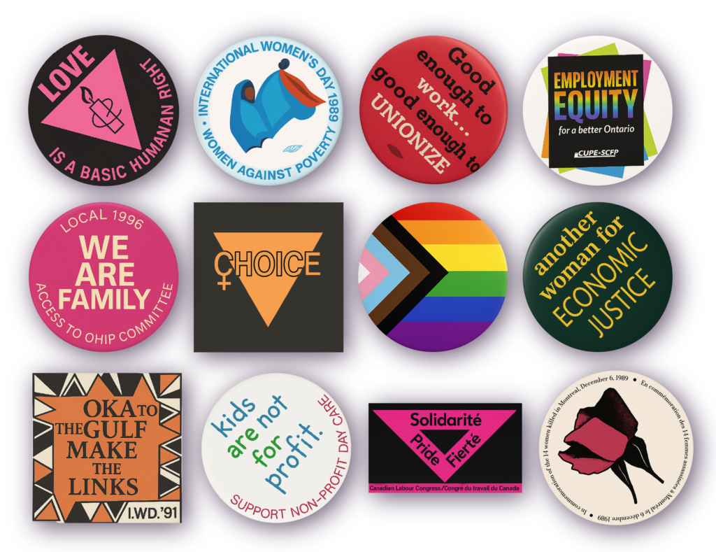 A collage of buttons representing various advocacy groups
