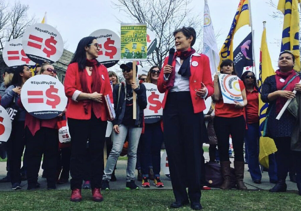 Jan Borowy and Fay Faraday at equal pay day rally